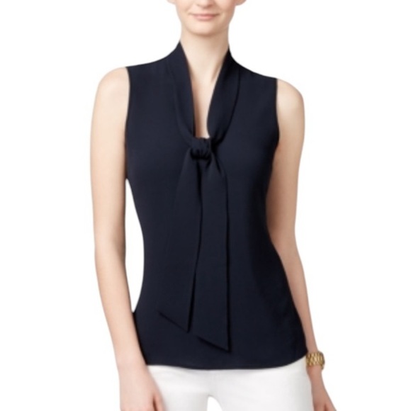 NWT Michael Michael Kors Womens Navy Chiffon Tie-neck Blouse Top Size 4 - Picture 12 of 12